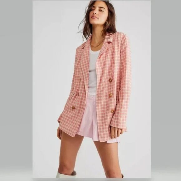 Free People Olivia Gingham Pink Plaid Check Blazer Jacket Large NEW - Picture 7 of 9